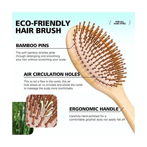 Ensemble de brosses à cheveux et peignes en bambou, brosse à cheveux en bambou naturelle et écologique, massage du cuir cheve