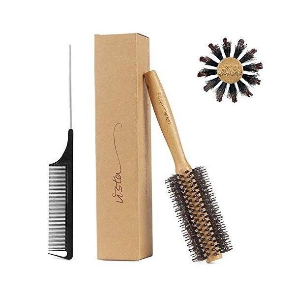 Brosse Brushing Professionnel Bamboo Sanglier et Peigne a Queue Carbone pour le Séchage des Cheveux, Coiffage - Diamètre 50mm