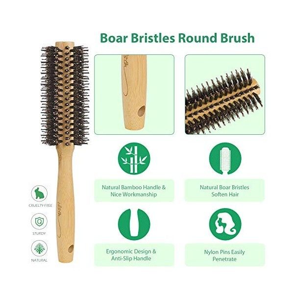 Brosse Brushing Professionnel Bamboo Sanglier et Peigne a Queue Carbone pour le Séchage des Cheveux, Coiffage - Diamètre 50mm