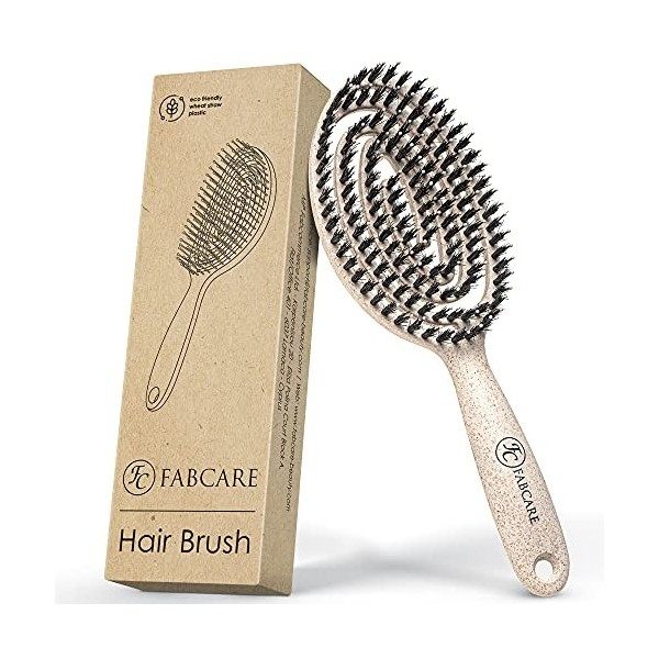 FABCARE Brosse à cheveux bio poils de sanglier ronde avec Ebook - Brosse démêlante à double ressort spirale - Brosse à cheveu