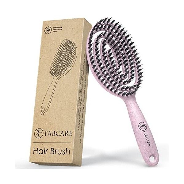 FABCARE Brosse à cheveux bio poils de sanglier ronde avec Ebook - Brosse démêlante à double ressort spirale - Brosse à cheveu