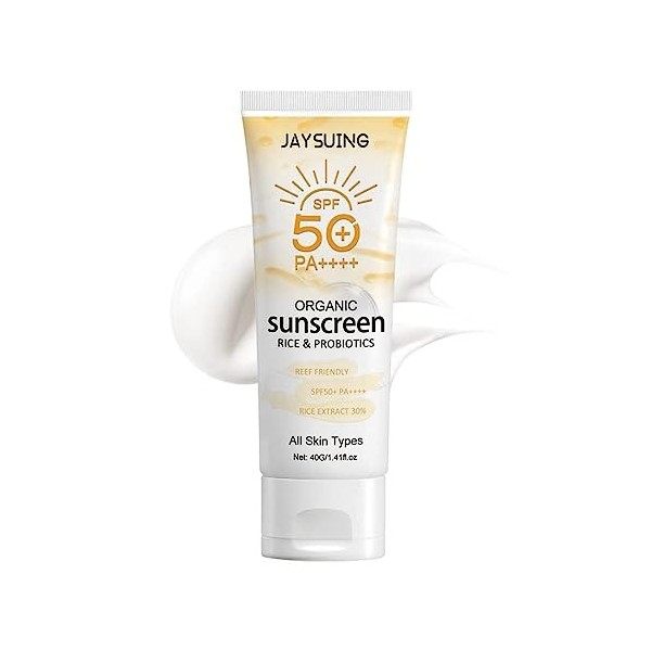 Hocossy Crème solaire biologique au riz probiotique, écran solaire visage corps extérieur SPF50 +++ Protection UV Protection 