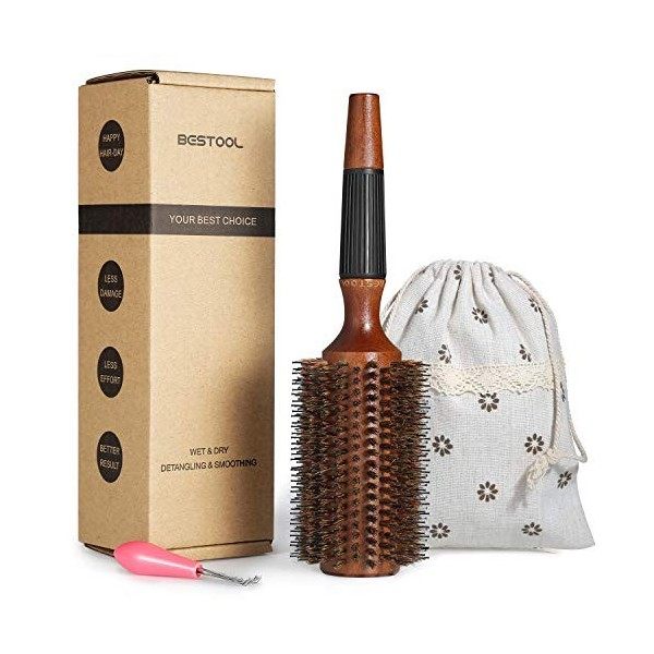 BESTOOL Brosse ronde pour le séchage, Brosse à cheveux ronde en poils de sanglier, Grande brosse de style ronde pour femmes e