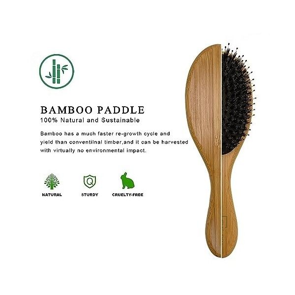 FW&RAT Brosse à cheveux de soies de sanglier et bambou large Antistatique Confortable et durable Massage Avec coussinet oval