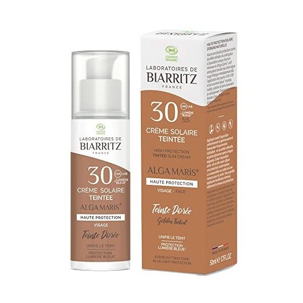 Laboratoires de Biarritz - Crème Solaire Visage Teintée Beige - SPF30 - ALGA MARIS® Certifiée Bio - Hydrate, Matifie, Unifie 