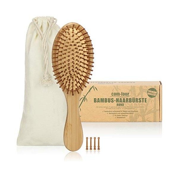 COM-FOUR® Brosse à cheveux naturelle en bambou - brosse écologique avec poils naturels pour des cheveux naturellement beaux -