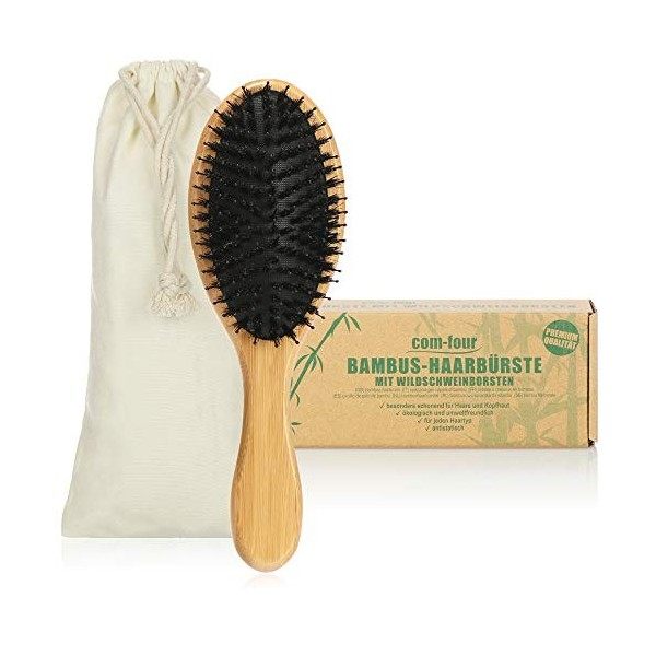 COM-FOUR® Brosse à cheveux naturelle en bambou - brosse écologique avec poils naturels pour des cheveux naturellement beaux -