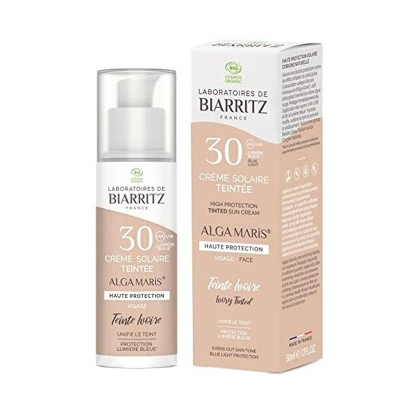 Laboratoires de Biarritz - Crème Solaire Visage Teintée Beige - SPF30 - ALGA MARIS® Certifiée Bio - Hydrate, Matifie, Unifie 