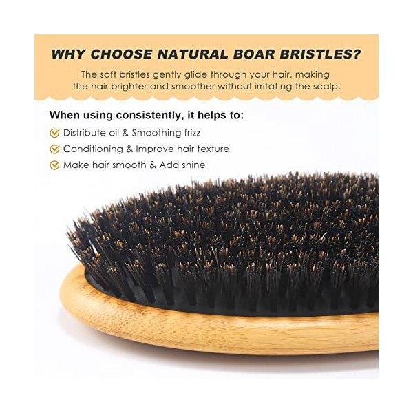 BESTOOL Brosse à cheveux en poils de sanglier Brosse pour femme homme enfant pagaie en bambou poils naturels brosse pour chev