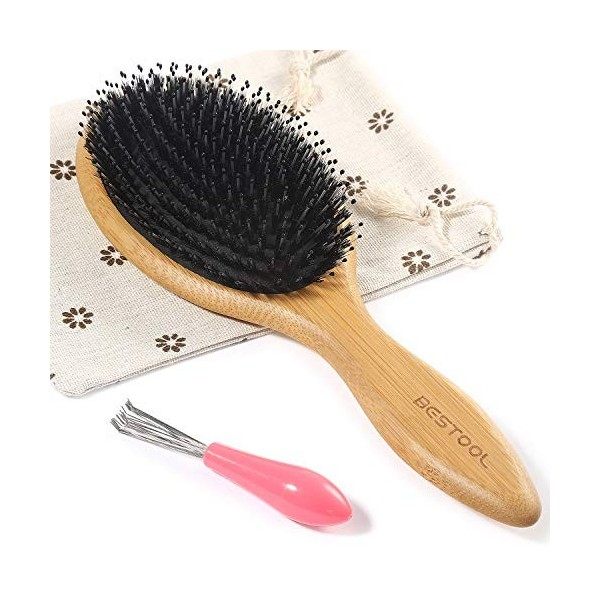 BESTOOL Brosse à cheveux de soies de sanglier et bambou large Antistatique Confortable et durable Massage Avec coussinet ova