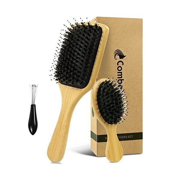 2Pcs Boar Brush Brosse à cheveux, Brosse à cheveux en bois de bambou naturel et brosses de voyage Démêlant, lissant et faisan