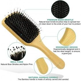 2Pcs Boar Brush Brosse à cheveux, Brosse à cheveux en bois de bambou naturel et brosses de voyage Démêlant, lissant et faisan