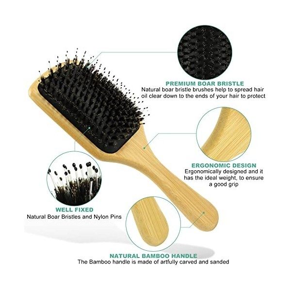 2Pcs Boar Brush Brosse à cheveux, Brosse à cheveux en bois de bambou naturel et brosses de voyage Démêlant, lissant et faisan