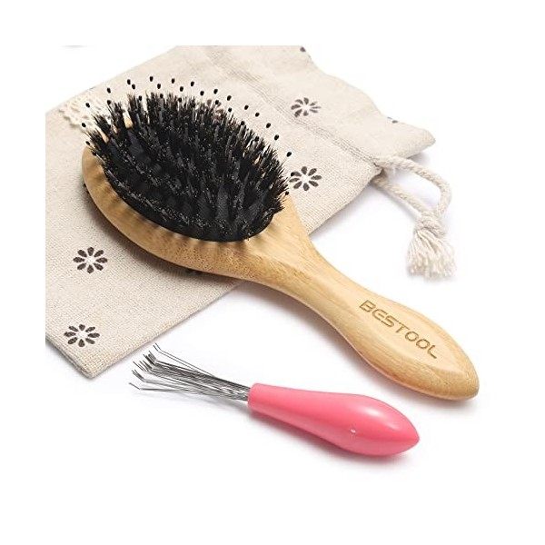 BESTOOL Petite brosse à cheveux Besoom pour femme, homme ou enfant, brosse à cheveux en poils de sanglier pour démêler, défri