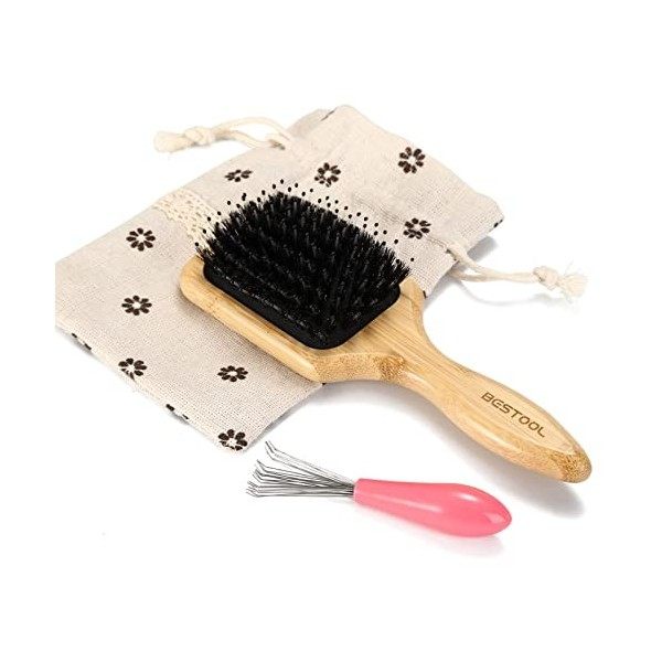 BESTOOL Petite brosse à cheveux Besoom pour femme, homme ou enfant, brosse à cheveux en poils de sanglier pour démêler, défri