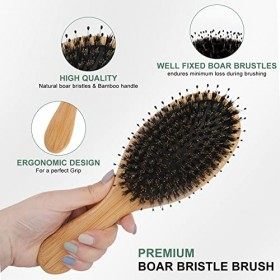 4PCS Brosse Cheveux Sanglier, Brosse à Cheveux en Bambou avec Poignée Antistatique Massage du Cuir Chevelu Peigne Ensemble de