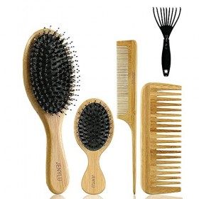 4PCS Brosses Cheveux Poils de Sanglier, Peigne à Queue avec Poignée en Bambou, Antistatique Massage du Cuir Chevelu Peigne po