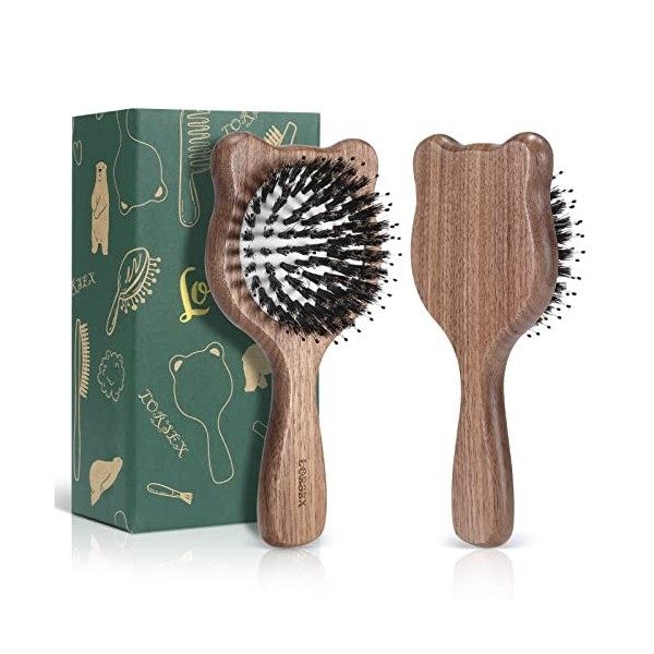 LORSEX Petite brosse à cheveux, mini brosse à cheveux ours pour femme, homme et enfant, brosse en poils de sanglier avec pico