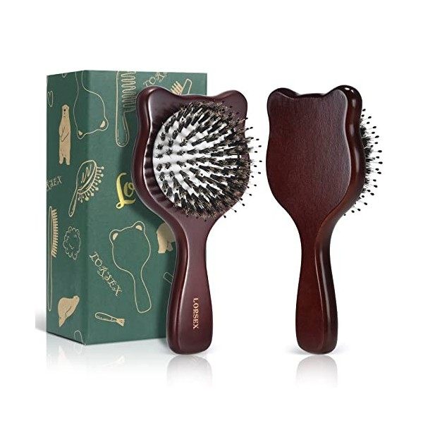 LORSEX Petite brosse à cheveux, mini brosse à cheveux ours pour femme, homme et enfant, brosse en poils de sanglier avec pico