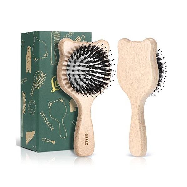 LORSEX Petite brosse à cheveux, mini brosse à cheveux ours pour femme, homme et enfant, brosse en poils de sanglier avec pico