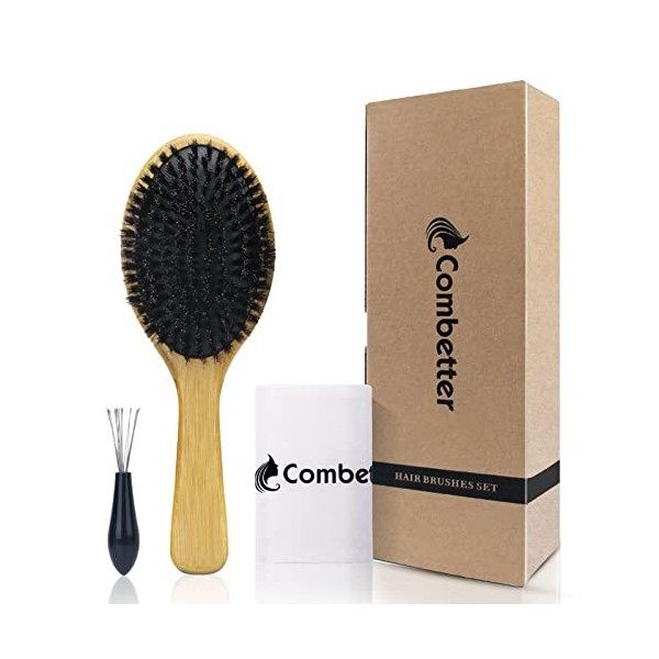 Combetter Brosse à cheveux poils de sanglier, pour femmes, hommes et enfants, lissage et massage des cheveux, améliore la bri