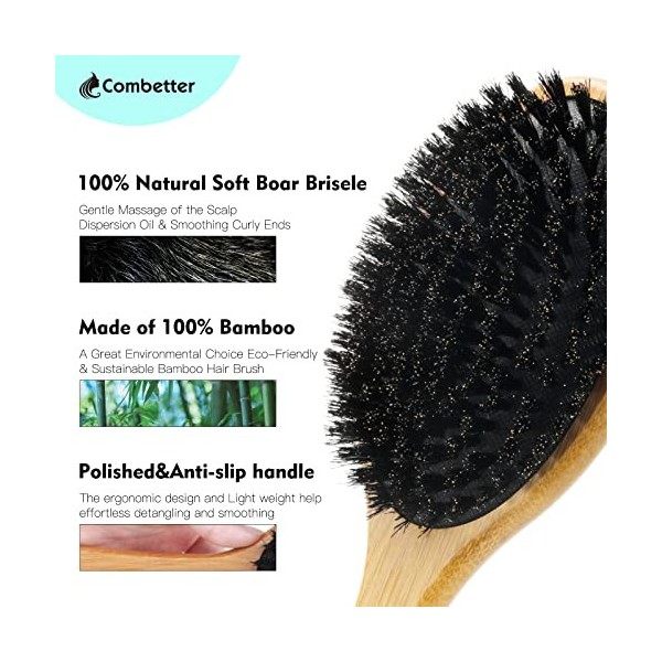 Combetter Brosse à cheveux poils de sanglier, pour femmes, hommes et enfants, lissage et massage des cheveux, améliore la bri