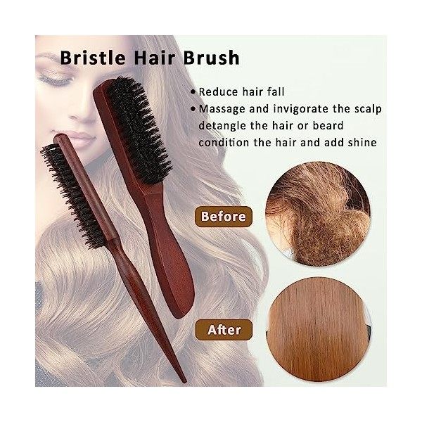 2 Ensemble de Brosse à cheveux en poils de sanglier - Brosse à cheveux grande et petite taille, Poils doux et naturels pour c