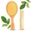 Brosse bois pour cheveux et peigne en bambou naturel pour masser le cuir chevelu | Lisciant et défrichant avec poils souples