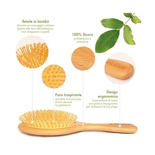 Brosse bois pour cheveux et peigne en bambou naturel pour masser le cuir chevelu | Lisciant et défrichant avec poils souples