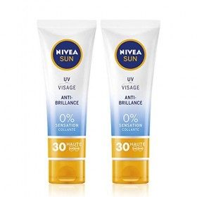 NIVEA SUN Crème visage femme Anti-Brillance FPS 30 2 x 50 ml , crème hydratante visage non grasse et non collante, protectio