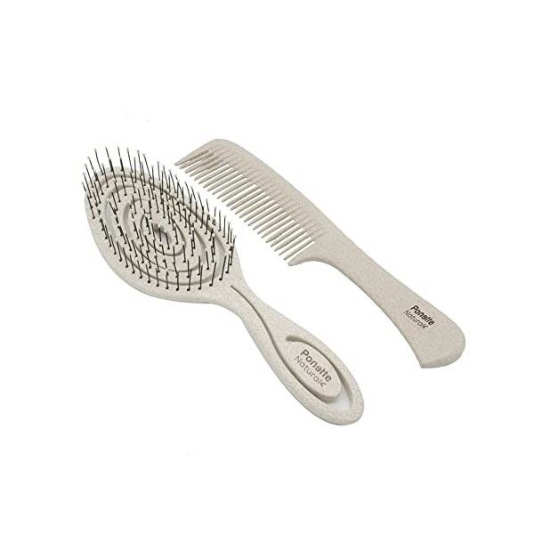 PONETTE NATURAL Lot de brosses à cheveux ECO Masseur écologique démêlant anti-traction et brosse de voyage en couleur beige, 