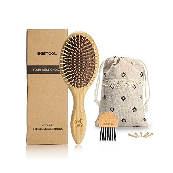 BESTOOL Brosse à cheveux en bambou avec poils naturels Brosse professionnelle en bambou pour démêler et démêler les cheveux 