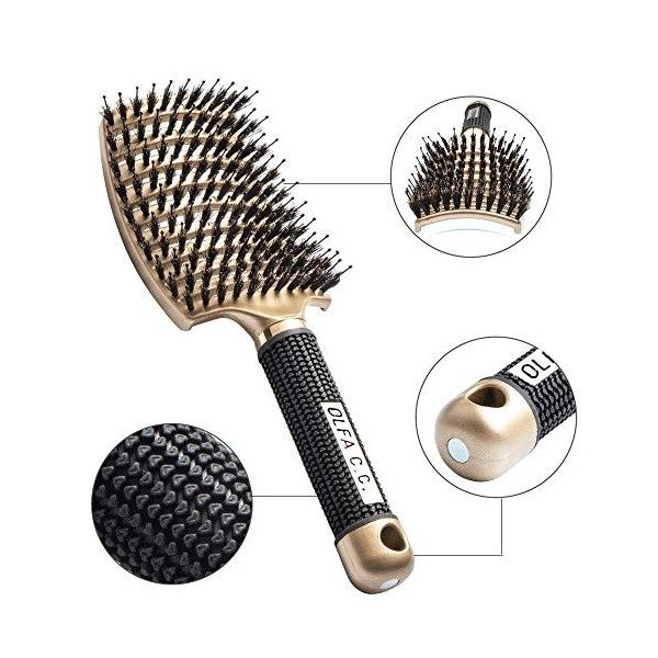 Brosse à poil de sanglier OLFA C.C.100% naturel, démêlage facile, tous types de cheveux, brosse incurvée, poil naturel anti-s