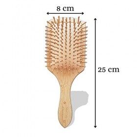 Brosse à cheveux en bois de bambou naturel avec chouchou en satin noir - picots en bambou pour masser le cuir chevelu et démê