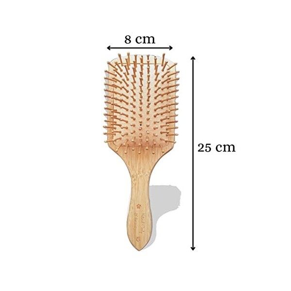 Brosse à cheveux en bois de bambou naturel avec chouchou en satin noir - picots en bambou pour masser le cuir chevelu et démê