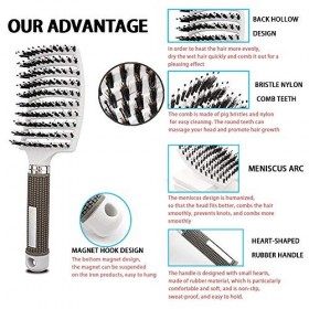 Brosse à Cheveux, Brosse à Cheveux en Poils de Sanglier Naturels, Réduit les Frisottis et Statique, pour Cheveux Bouclés, Cré