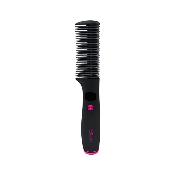 ELISON Brosse lissante compacte, revêtement en céramique, température réglable et étui souple inclus, couleur noire/fuchsia