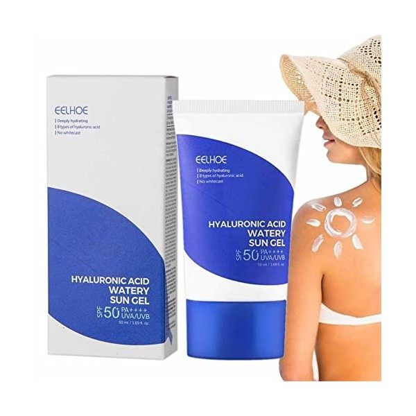 Hyaluronic Acid Watery Sun Gel, 50 ml de crème solaire coréenne, crème solaire naturelle pour le visage Spf50 + Pa ++++ nourr
