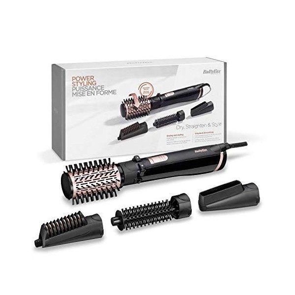 BaByliss Brosse Soufflante Dry Amovible,Froid,Ionique,Silencieux, Straighten and Style 4-en-1 1000W Rotative AS200E Noir Céra