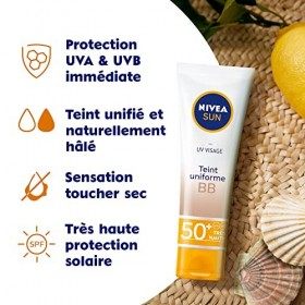NIVEA SUN Crème visage BB FPS 50+ 50 ml , crème hydratante visage non grasse et non collante, bb crème teintée toute carnati