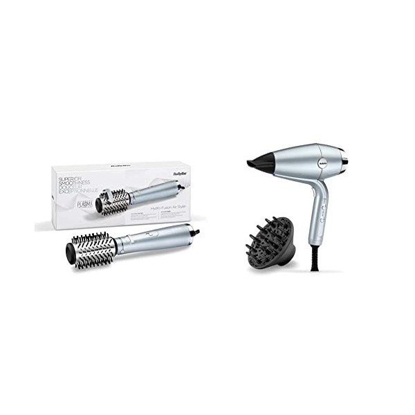 BaByliss Brosse soufflante Hydro-Fusion pour un brushing parfait, soyeux et sans frisottis AS773E & Sèche-cheveux Hydro-Fusio