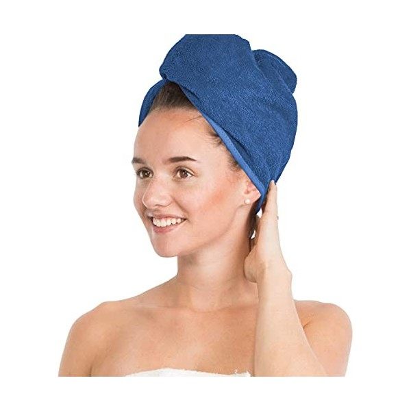 Brandsseller Turban pour cheveux - Avec bouton - 100 % coton - Bleu