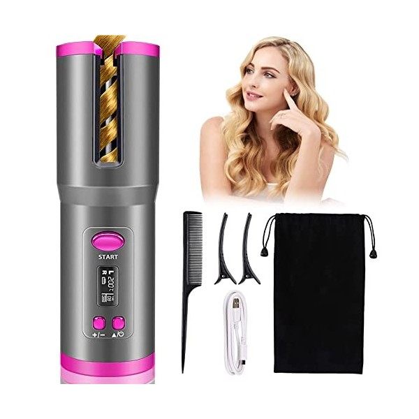 Fer à Boucler Automatique, Fer à Friser Rechargeable USB, Boucleur a Cheveux avec 6 Températures Réglables Avec écran LCD, Ce