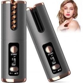 Fer à Boucler Automatique, Fer à Friser Sans Fil Rechargeable USB, Boucleur a Cheveux avec 6 Températures Réglables, écran LC