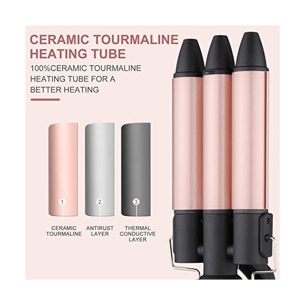 3 Têtes Fer à Boucler Onduler Friser Cheveux Curleur Céramique Bigoudis pour Long Courts avec Support en Métal 25mm