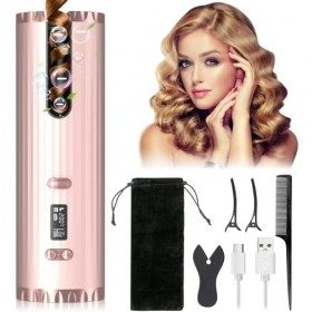 Fer à Friser Sans Fil Boucleur a Cheveux Automatique, Bigoudi Anti-Brûlures Fer à Boucler, 6 Température et Minuterie, USB Re