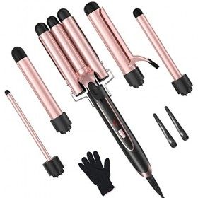 Fer à Boucler, Boucleur Céramique, Fer à Friser 5 en 1 LCD Multifonction Interchangeable avec Gants Kit Bigoudi Fer à Onduler