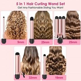 Fer à Boucler, Boucleur Céramique, Fer à Friser 5 en 1 LCD Multifonction Interchangeable avec Gants Kit Bigoudi Fer à Onduler