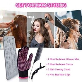 Morgles Lot de 2 gants professionnels résistants à la chaleur en silicone, 6 pinces à cheveux et 2 peignes à coiffer pour fer