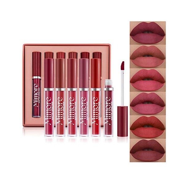 Mimore rouge à lèvres, 6 couleurs ensemble de rouge à lèvres, set de brillant à lèvres liquide mat, cadeau de rouge à lèvres,